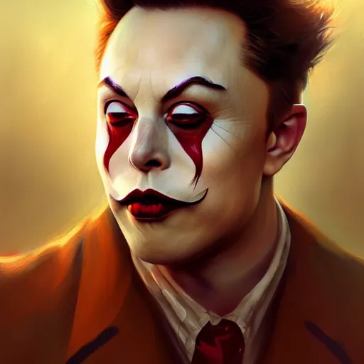 Prompt: Elon Musk in clown makeup, closeup, D&D, fantasy, intricate, elegant, highly detailed, digital painting, artstation, concept art, matte, sharp focus, illustration, hearthstone, art by Artgerm and Greg Rutkowski and Alphonse Mucha