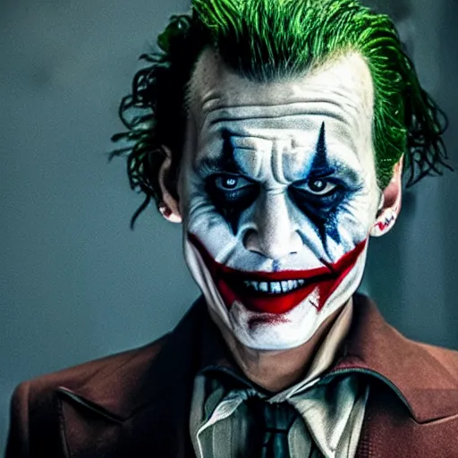 Image similar to stunning awe inspiring johnny depp playing the joker movie still 8 k hdr atmospheric lighting