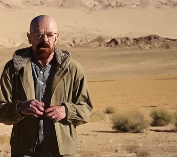 Prompt: walter white rapping with a microphone in the desert, realistic, movie still