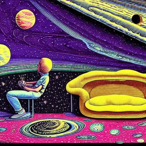 Image similar to psychedelic trippy couch in space, planets, milky way, sofa, cartoon by rob gonsalves and gustav dore