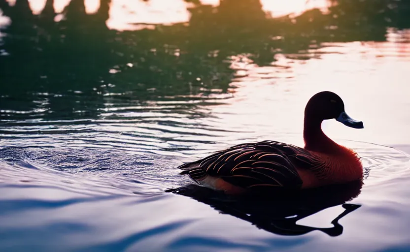 Image similar to Muscovy duck dancing on water, beautiful flowing fabric, sunset, dramatic angle, 8k hdr pixiv dslr photo by Makoto Shinkai and Wojtek Fus