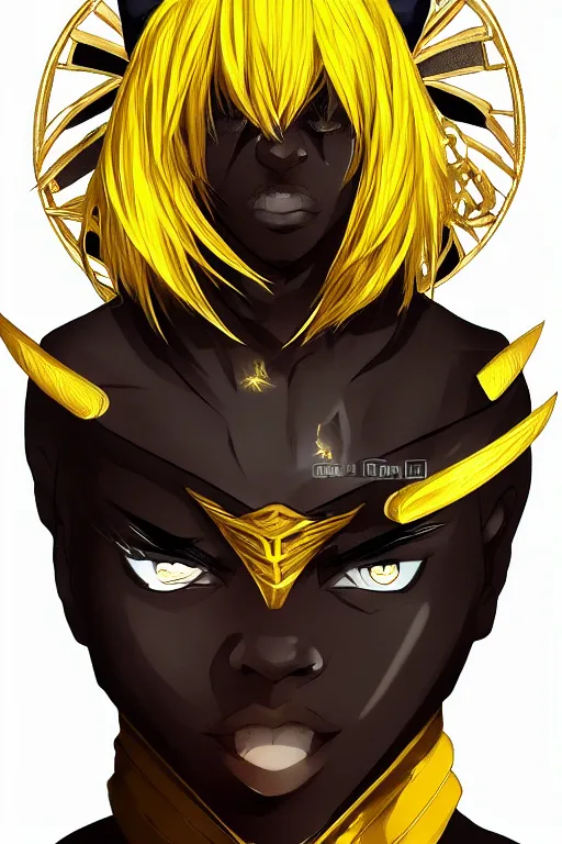 Image similar to glowing black male anime character, golden hair, yellow eyes, symmetrical, face picture, portrait, highly detailed, digital art, sharp focus, trending on art station, samurai, electricity superpowers, anime art style