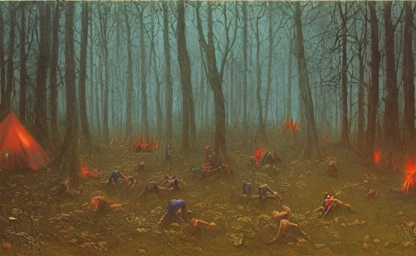 Prompt: demons surround a campsite in the forest by Beksinski, 4k, masterpiece