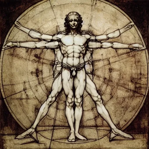 Image similar to super sentai vitruvian man by leonardo da vinci and james jean, renaissance