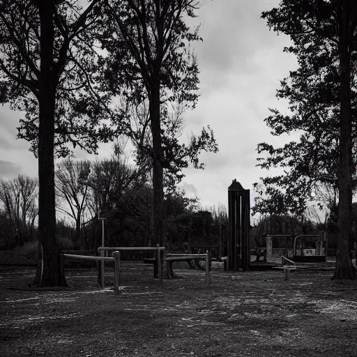 Prompt: an abandon playground with a tall dark figure standing infront of it, liminal, dark, highly detailed,