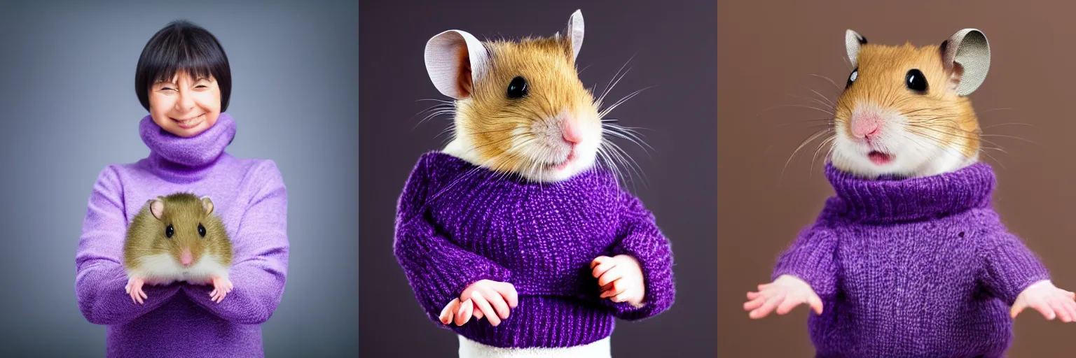 Prompt: happy hamster wearing a purple turtleneck, studio, portrait, facing camera, studio, bokeh, dark background