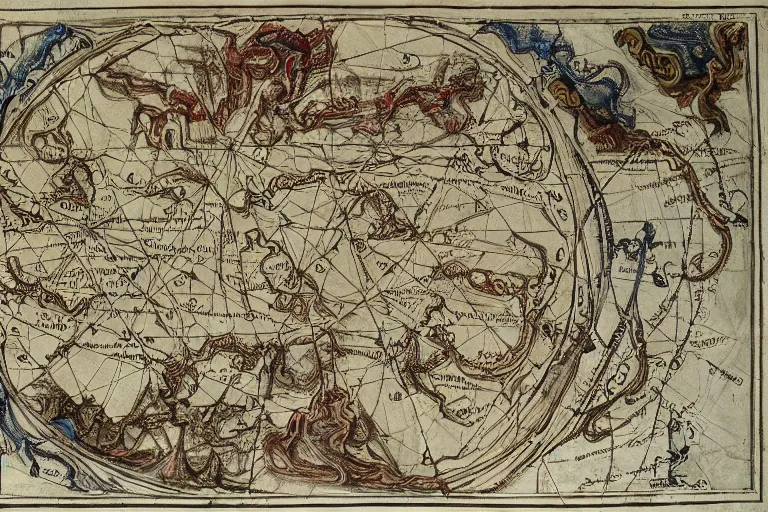 Image similar to intricate detailed ancient map of the regions of hell and the dimensions of the damned, technical cartography with annotations and notes in the margins