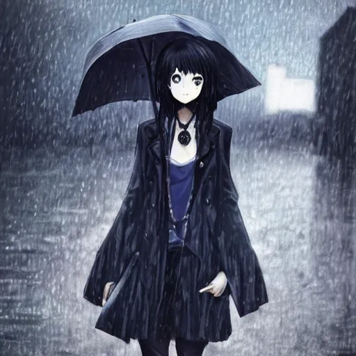 Prompt: 1 7 - year - old anime goth girl, black hair, long bob cut, long bangs, gothic coat, long bangs, united kingdom, rainy day, small town, midlands, english village, street scene, ultra - realistic, sharp details, cold lighting, blue and gray colors, intricate details, subsurface scattering, hd anime, 2 0 1 9 anime