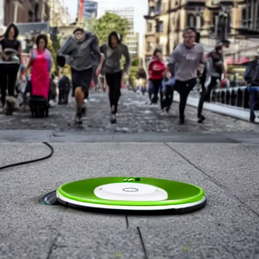 Image similar to roomba attacks the city, people running from roomba, buildings on fire