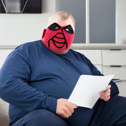 Image similar to portrait photo of old, fat spiderman with a mask doing taxes