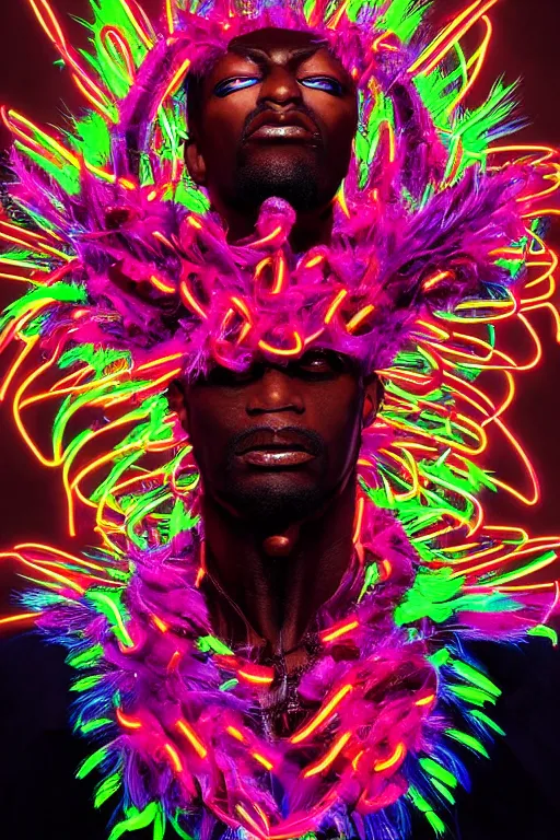 Image similar to detailed full body concept illustration of an African male with body augmentations, strong neon lighting, Afrofuturism, extravagant feathered collar, by glenn fabry, hyper realistic, HD, oil on canvas