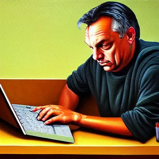 Prompt: viktor orban javascript programming with a laptop in a cubicle, oil painting