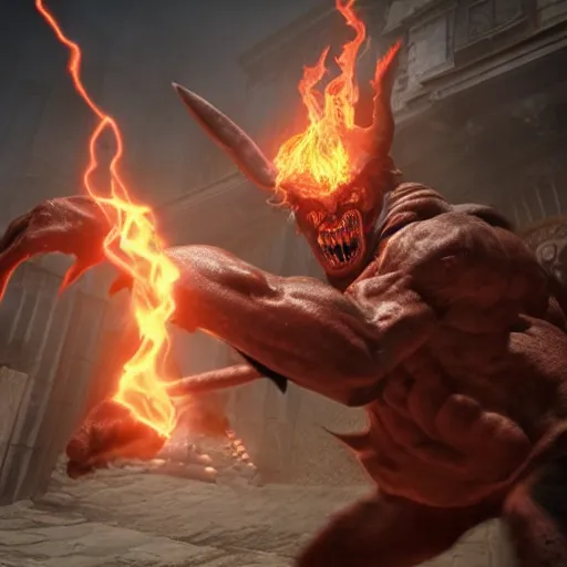 Image similar to Warrior Fighting Demon in Hell ultra detailed, insane detailes, hyper realistic, 8k, photo realistic, volumetric lighting, unreal engine, octane render