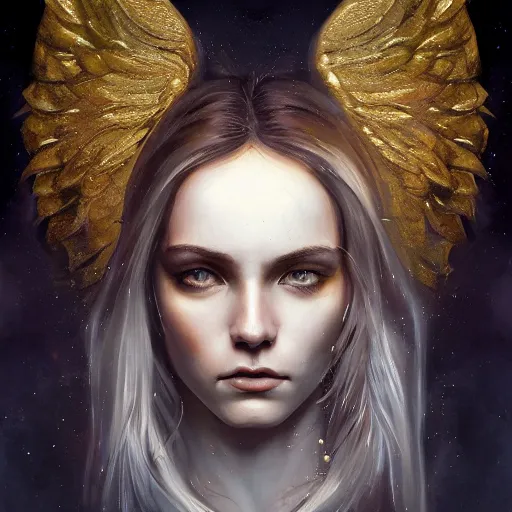 Image similar to angel of glory, sharp face, cinematic lighting, glowing golden eyes, hyper-detailed, cgsociety, 8k, high resolution, in the style of Charlie Bowater, Tom Bagshaw, single face, symmetrical, headshot photograph, insanely detailed and intricate, beautiful, elegant, watercolor, cinematic, portrait, Raphaelite, headroom, artstation