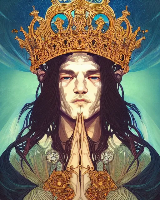 Image similar to symmetrical, centered, young and handsome god close - up portrait wigh crown made of skulls. artwork by tooth wu and wlop and alena aenami and alphonse mucha, brian froud, pablo amaringo