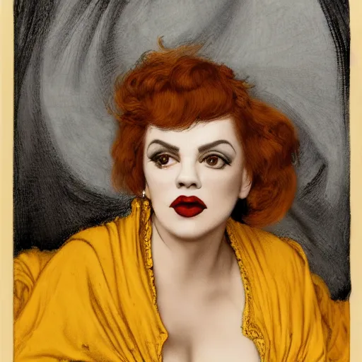 Image similar to hybrid of judy garland and lady gaga, brown fringe, large full hollywood lips, large downslanted eyes, reclining cool stylish, yellow ochre ornate medieval dress, john william waterhouse, kilian eng, rosetti, john everett millais, william holman hunt, william morris, 4 k