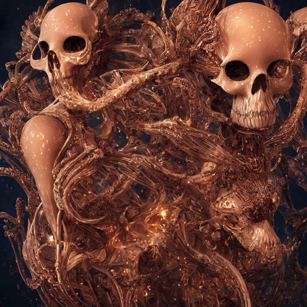 Image similar to close-up macro portrait of the face of a beautiful princess with animal skull mask, epic angle and pose ribcage skeleton, symmetrical artwork, 3d with depth of field, blurred background, cybernetic jellyfish female face skull phoenix bird, translucent, nautilus, energy flows of water and fire. a highly detailed epic cinematic concept art CG render. made in Maya, Blender and Photoshop, octane render, excellent composition, cinematic dystopian brutalist atmosphere, dynamic dramatic cinematic lighting, aesthetic, very inspirational, arthouse. y Greg Rutkowski, Ilya Kuvshinov, WLOP, Stanley Artgerm Lau, Ruan Jia and Fenghua Zhong