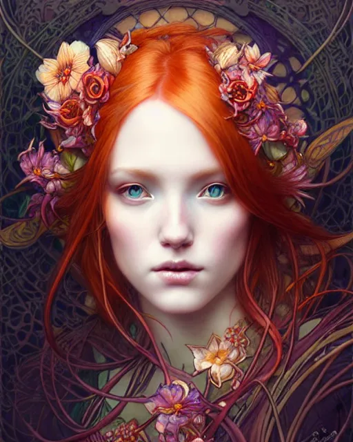 Image similar to Beautiful and playful ethereal ginger portrait, art nouveau, fantasy, intricate flower designs, elegant, highly detailed, sharp focus, art by Maximalism, Artgerm and Greg Rutkowski and WLOP