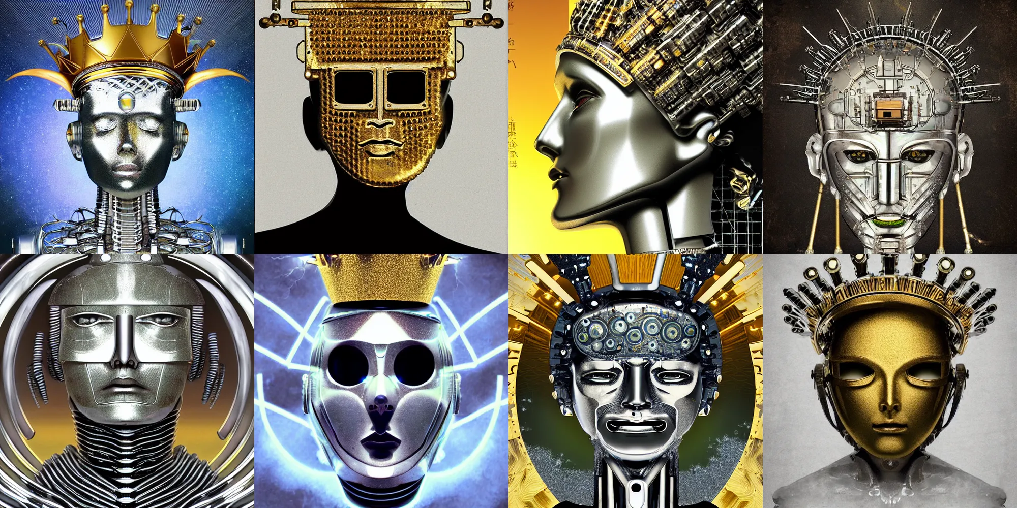 Prompt: a poster of a beautiful silver robot android head with a crown made of golden quantum computer on his head, an album cover by japanese rock band nautilus pompilius, reddit contest winner, antipodeans, antichrist, official art, artwork