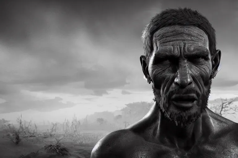 Image similar to still photo of stone age man looking at the camera in a battlefield, black and white color aesthetic, highly detailed, photorealistic portrait, bright studio setting, studio lighting, crisp quality and light reflections, unreal engine 5 quality render