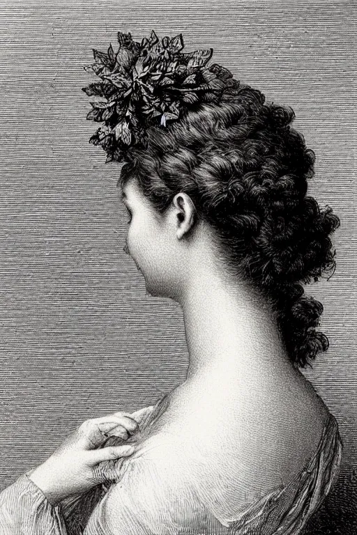 Prompt: extreme close-up, portrait of a beautiful french woman from behind with a wreath, Gustave Dore lithography