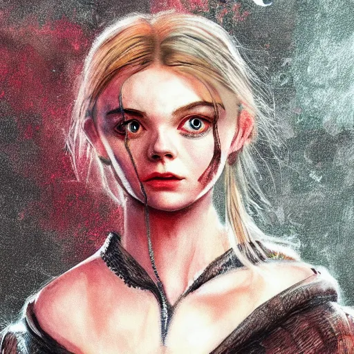 Image similar to Elle Fanning in the painted world of Dark Souls, head and shoulders masterpiece, apocalypse, golden hour, cosmic horror, artstation, in the style of Dr. Seuss, extremely detailed