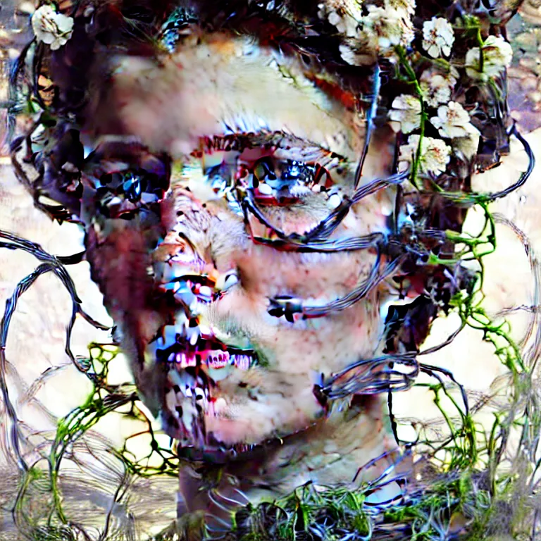 Image similar to hyperrealist realistic wonderful face portrait of a 2 0 4 4 space sport engineer, it is decorated with long wires and white flowers that fall like vines and wears a huge computer crown. by jeremy mann and alphonse mucha, fantasy art, photo realistic, dynamic lighting, artstation, poster, volumetric lighting, very detailed faces, 4 k, award winning