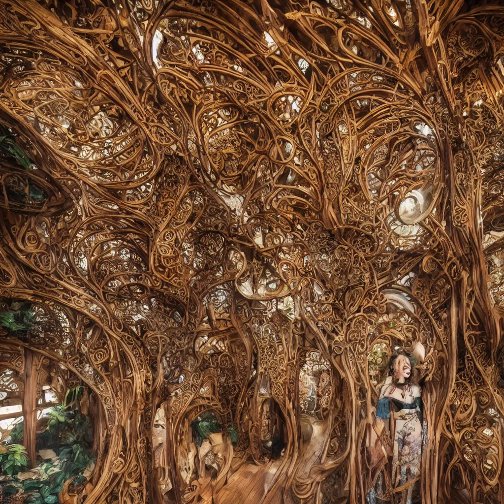 Image similar to bizarre surreal art nouveau japanese celtic hippie fairytale polynesian biomorphic interior architecture in live natural wood, inside vast cinematographic opening shot, sharp details, beautiful artistic masterpiece of photography