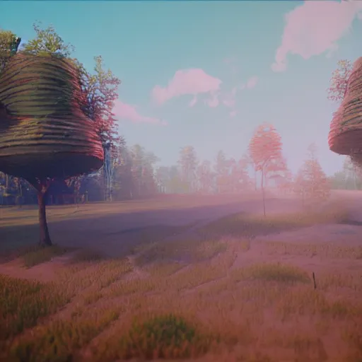 Image similar to retro futuristic realistic 3d environment, trees, featured on artstation