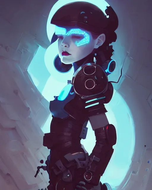 Image similar to portrait of cute goth girl in cyber armor, warhammer, by atey ghailan, by greg rutkowski, by greg tocchini, by james gilleard, by joe fenton, by kaethe butcher, dynamic lighting, gradient light blue, brown, blonde cream and white color scheme, grunge aesthetic