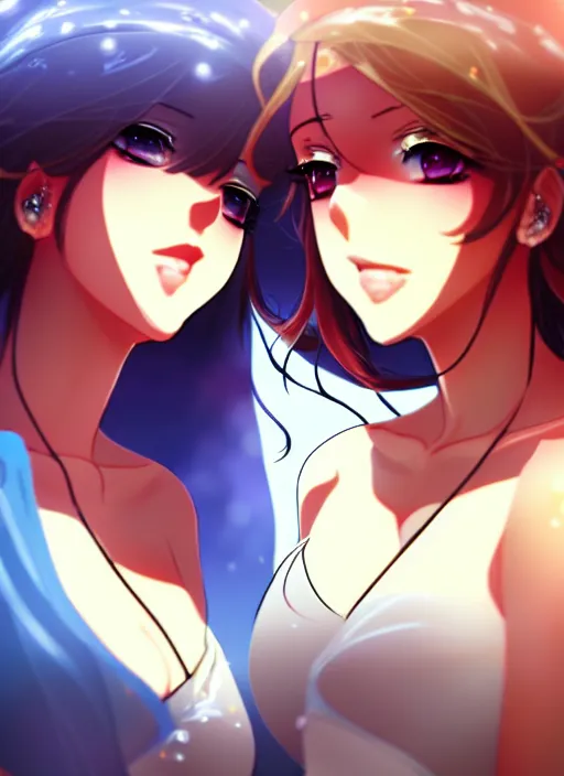 Image similar to two beautiful mothers out on a humid summer day, gorgeous faces, thick lines, cinematic lighting, detailed anime art