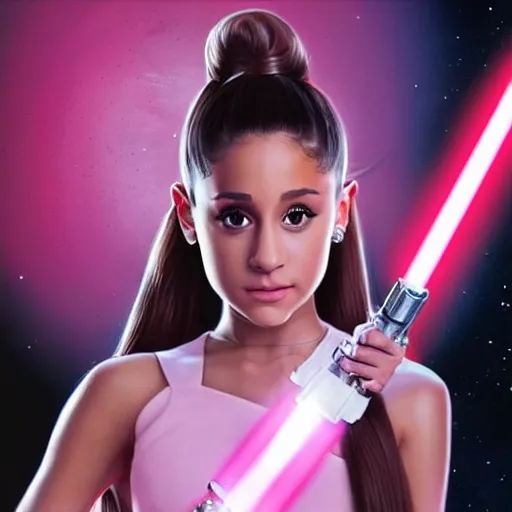 Prompt: A hyper realistic photo of Ariana Grande in the Star Wars universe with two pink lightsabers. Maximum detail on artstation, photo realism