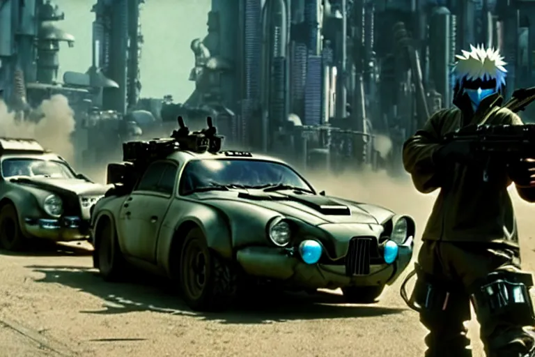 Image similar to masamune shirow movie still from ghost in the shell dieselpunk mad max alpine a 1 1 0 with guns installed makoto shinkai takashi takeuchi studio ghibli, akihiko yoshida