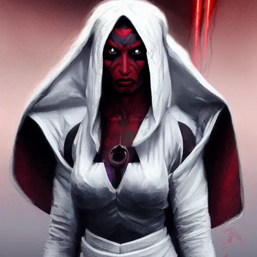 Prompt: portrait of a Darth Talon by Greg Rutkowski, she is about 20 years old, wearing white robes, Star Wars Expanded Universe, highly detailed portrait, digital painting, artstation, concept art, smooth, sharp foccus ilustration, Artstation HQ