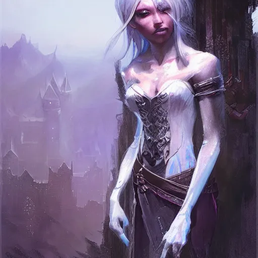 Image similar to portrait of a drow elf, dungeons and dragons character, castle background, gorgeous view, realistic, high detail, digital art, painted by greg rutkowski, painted by jeremy mann, trending on artstation