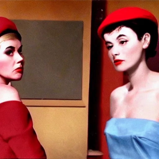 Image similar to still from a masterpiece 1 9 6 0 s color art film, very beautiful and elegant girl with large eyebrows and a beret with a disgusted expression while talking to a man, moody lighting, viewed from afar, cinematic shot, they're dressed like communists, red palette