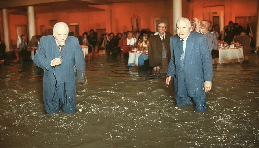 Image similar to 7 0 s movie still of an old manstanding in a soviet stalinist style ballroom flooded in mud, cinestill 8 0 0 t 3 5 mm eastmancolor, heavy grain, high quality, high detail