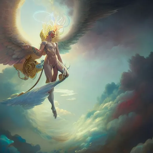 Prompt: detailed key art, concept illustration, hyper detailed painting, hyperrealist painting of an angel celestial being mythical creature by peter mohrbacher, by sam spratt trending on artstation