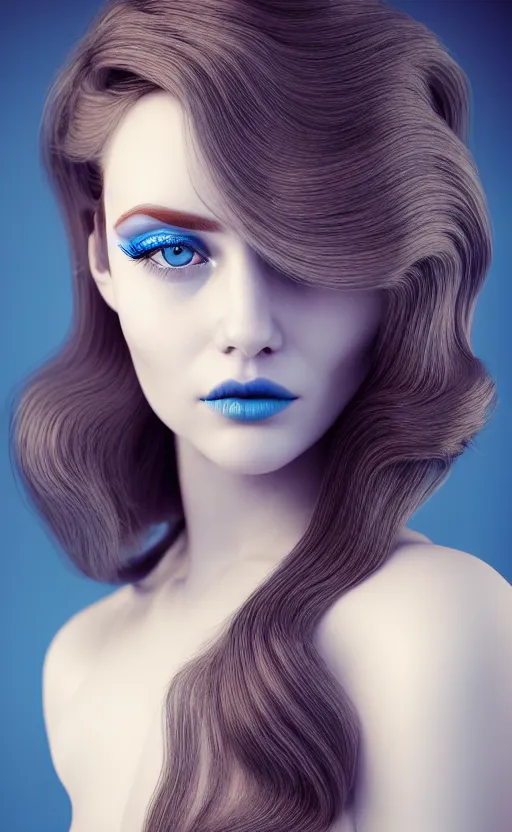 Prompt: complex 3 d render, ultra detailed, portrait of a beautiful porcelain skin woman, face, wavy hair worn up, blue eyes, 1 5 0 mm lens, beautiful, studio portrait,