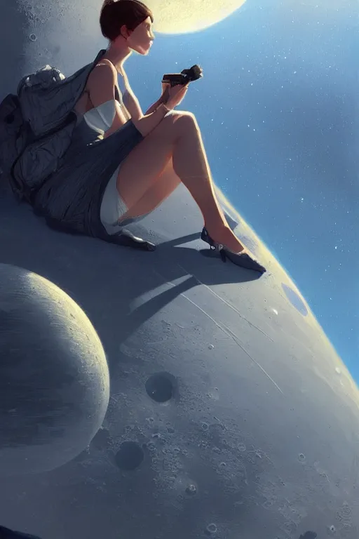 Image similar to sitting on the moon with a view of the earth in the background, elegant, digital painting, highly detailed, artstation, concept art, smooth, sharp focus, illustration, art by artgerm and greg rutkowski.