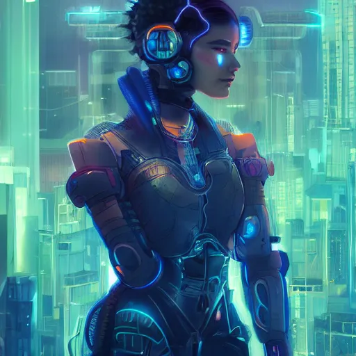 Image similar to portrait futuristic Cyber warrior Girl, in future cyberpunk tokyo rooftop , ssci-fi, fantasy, intricate, very very beautiful, elegant, neon light, highly detailed, digital painting, artstation, concept art, smooth, sharp focus, illustration, art by alphonse mucha and tian zi and WLOP