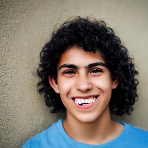 Prompt: close - up portrait photograph of a teenage latino male with big brown eyes, a long italian nose, a big smile, curly medium length black hair, highly detailed, anatomically correct features,