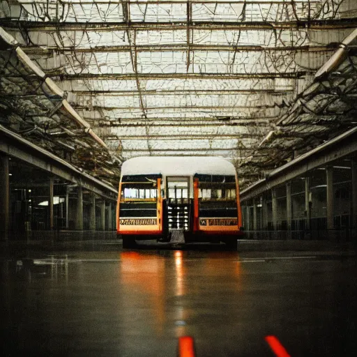 Image similar to 1990s perfect 8K HD professional cinematic photo of a bus in dystopian hangar, at evening during rain, at instagram, Behance, Adobe Lightroom, with instagram filters, depth of field, taken with polaroid kodak portra