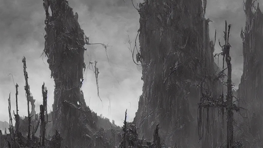 Prompt: post apocalypse remnants of civilization, eerie atmospheric, by tsutomu nihei, gerald brom and vincent di fate, epic cinematic matte painting