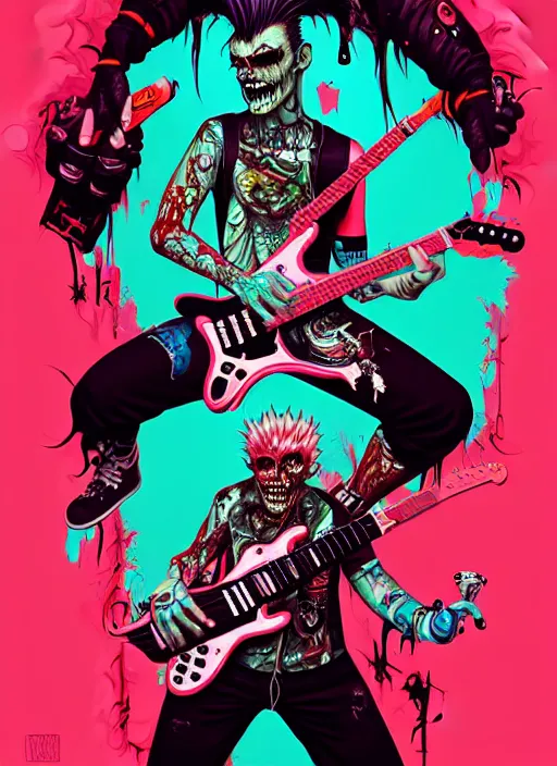 Image similar to a zombie punk rocker with a mohawk playing electric guitar, tristan eaton, victo ngai, artgerm, rhads, ross draws