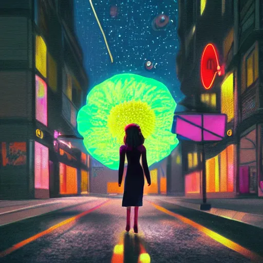 Image similar to giant daisy flower head, woman walking in a modern city with neon, surreal photography, night, dark, stars, impressionist painting, digital painting, artstation, simon stalenhag