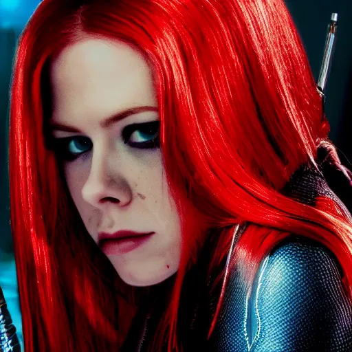 Image similar to movie still of Avril Lavigne as Black Widow, high quality, 4k