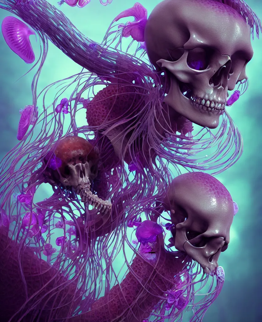 Image similar to goddess close - up portrait human skeleton, ram skull, jellyfish, orchid, betta fish, bioluminiscent, intricate artwork by tooth wu and wlop and beeple. octane render, trending on artstation, greg rutkowski very coherent symmetrical artwork. cinematic, hyper realism, high detail, octane render, 8 k