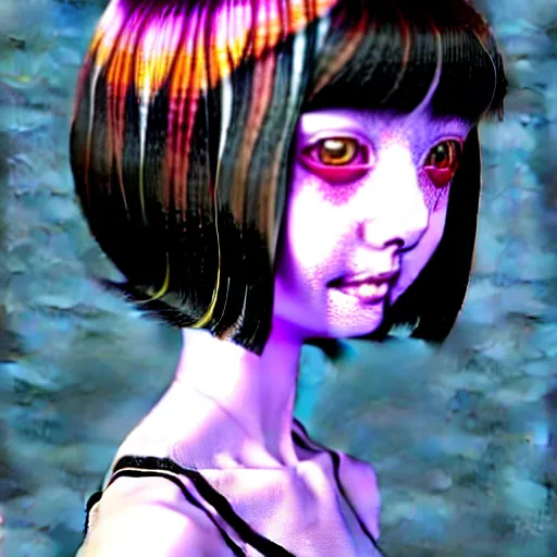 Image similar to amazingly detailed art illustration of a beautiful young morbid woman, wearing a tie-dye shirt, short shorts, with short hair with bangs, she is under the effect of psychosis and euphoria, by Range Murata, Katsuhiro Otomo, Yoshitaka Amano, and Artgerm. 3D shadowing effect, 8K resolution.