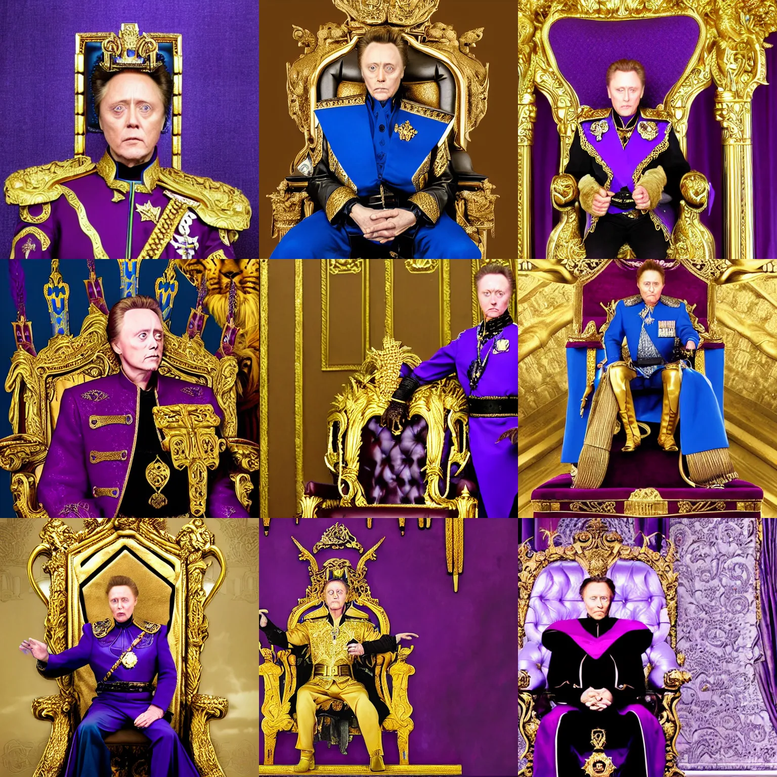 Prompt: Distant view of subject on a throne, Christopher Walken as Emperor Shaddam IV with blue-eyes-blue-sclera, in Dune, wearing ornate Tyrian-purple regal leather uniform, with two golden-lion-lapels on uniform, sitting on a golden throne with lion-shaped arm-rests, inside a futuristic neo-Baroque hall, subdued colors, highly detailed, cinematic photo, atmospheric lighting